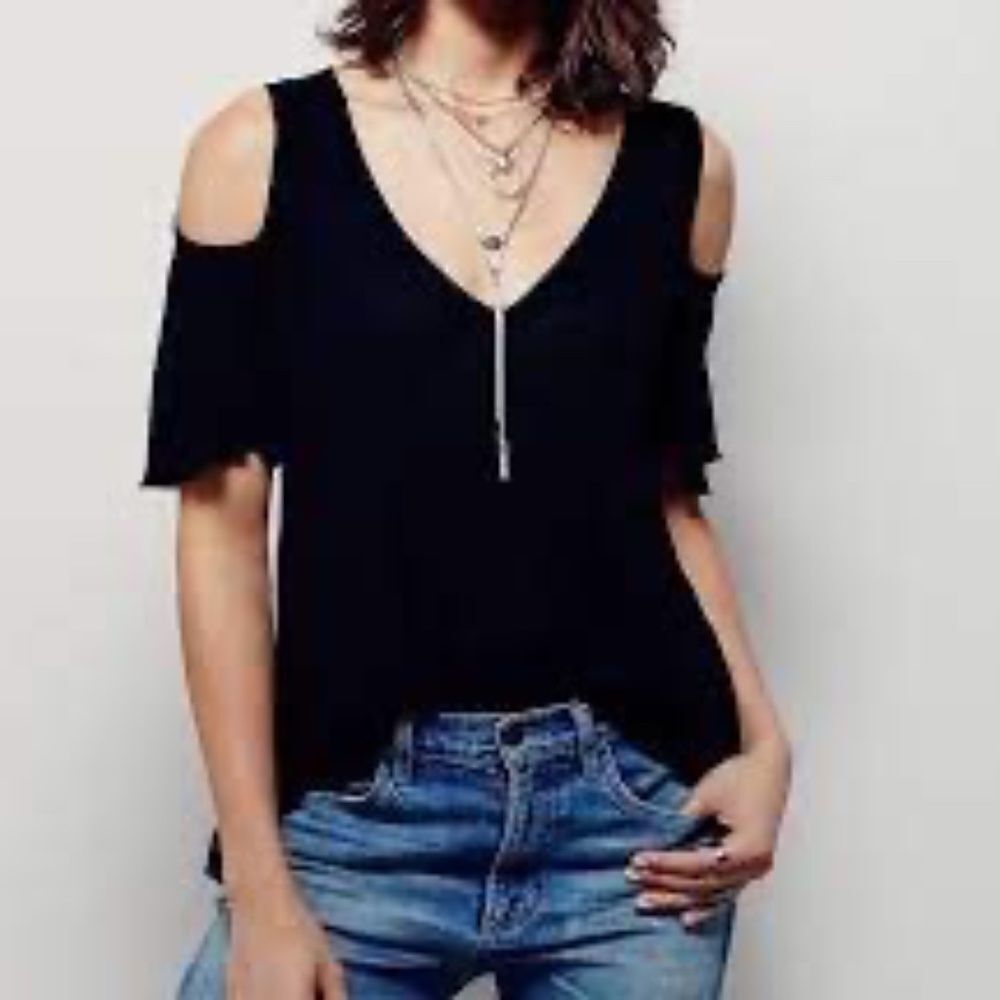 Free People Bittersweet Black Cold Shoulder Cap Sleeve Top Sz XS‎